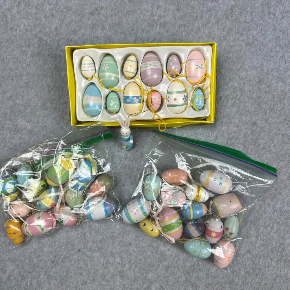 Vintage Wooden Easter Egg Ornaments Lot Hand Painted Pastel Bunny Figurine 40+pc